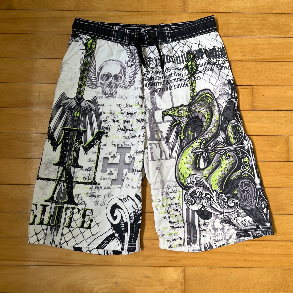 MMA Elite Board Shorts Mens Large White Green Snake Skull Graphic Y2K Skater 30